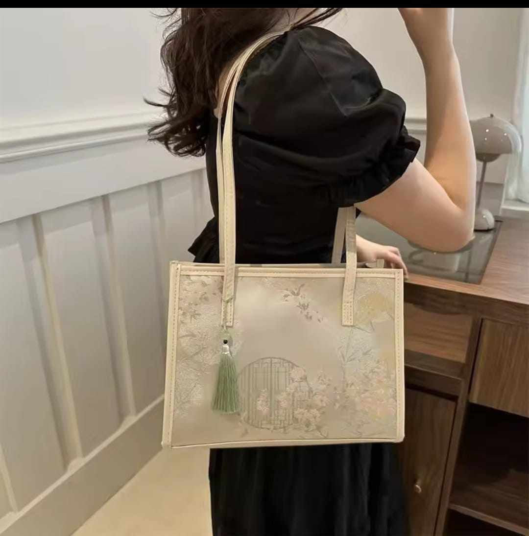 Korean Style Canvas Handbag – Oil Painting Graffiti Tote with Silk Scarf