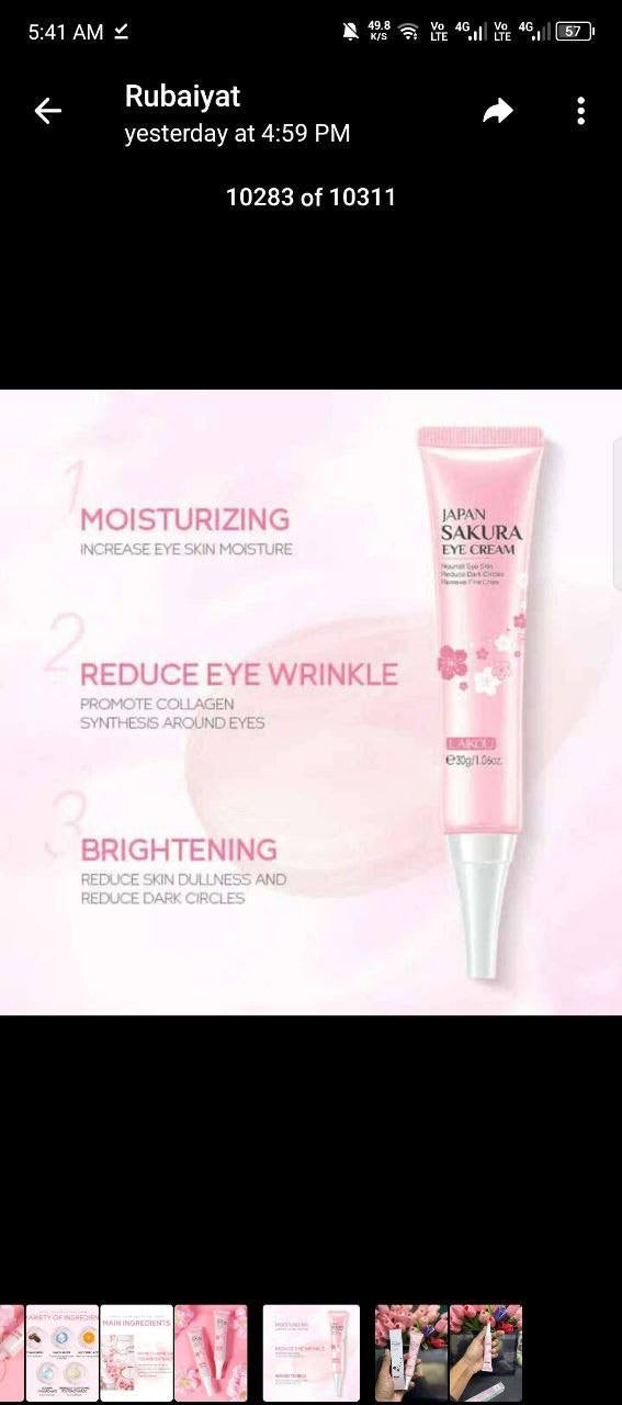 LAIKOU Janpan Sakura Anti-aging Eye Bag Removal Dark Circle Fine Lines Under Eye Dark Circle 30g Eye Cream
Key Features:
Sakura Extract: Contains cherry blossom extract to brighten and refresh the eye area.
Reduces Dark Circles and Puffiness