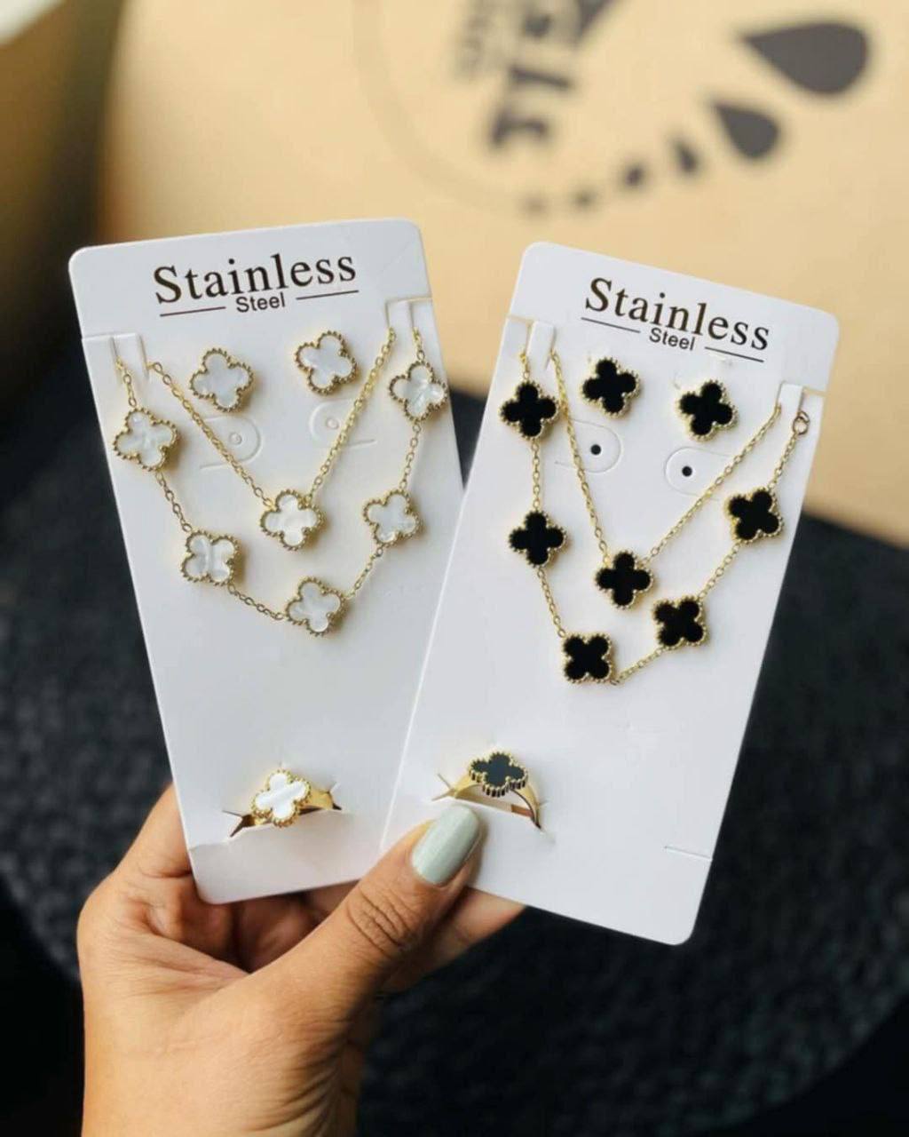 New Trendy Luxury Five Leaf Flower Pendant Necklace Jewelry Earrings For Women Gift Fashion Stainless Steel Clover Bracelets Set