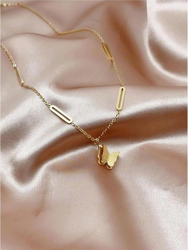 Premium Gold-Tone Frosted Butterfly Pendant Necklace