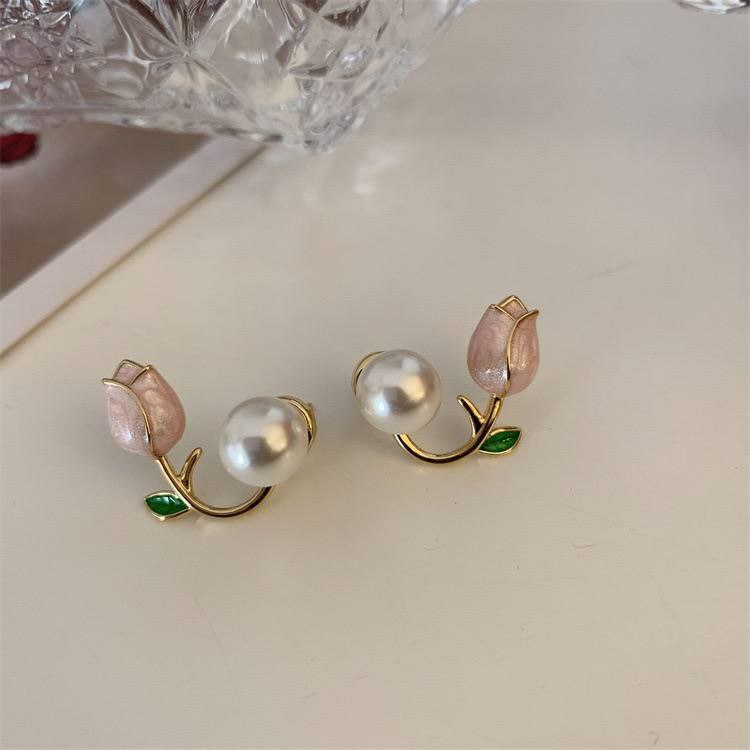 Elegant Korean Tulip & Pearl Asymmetric Stud Earrings