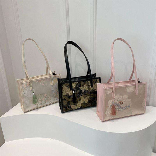 Korean Style Canvas Handbag – Oil Painting Graffiti Tote with Silk Scarf