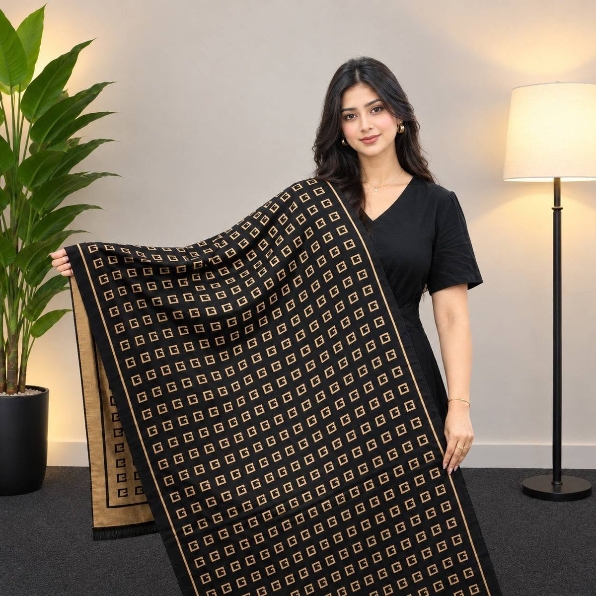 Ivory Noir Geometric Cotton Shawl