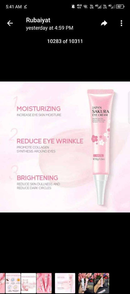 LAIKOU Janpan Sakura Anti-aging Eye Bag Removal Dark Circle Fine Lines Under Eye Dark Circle 30g Eye Cream

Key Features:
Sakura Extract: Contains cherry blossom extract to brighten and refresh the eye area.
Reduces Dark Circles and Puffiness