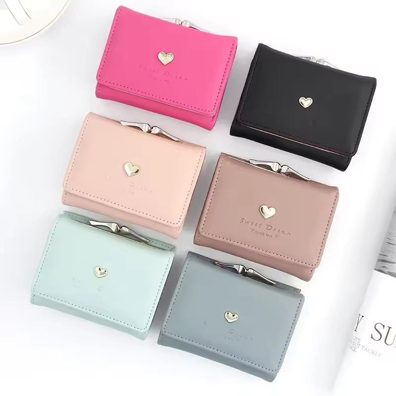 Short Fresh Cute Three-Fold Ladies Wallet with Heart Coin Purse