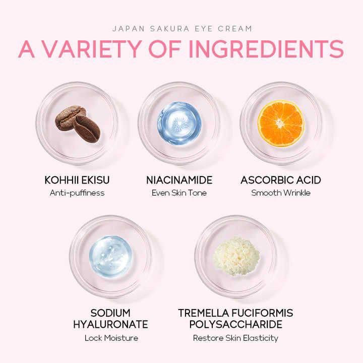 LAIKOU Janpan Sakura Anti-aging Eye Bag Removal Dark Circle Fine Lines Under Eye Dark Circle 30g Eye Cream

Key Features:
Sakura Extract: Contains cherry blossom extract to brighten and refresh the eye area.
Reduces Dark Circles and Puffiness