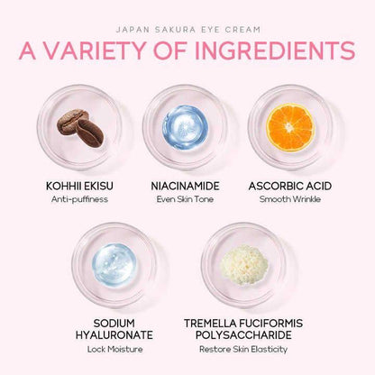 LAIKOU Janpan Sakura Anti-aging Eye Bag Removal Dark Circle Fine Lines Under Eye Dark Circle 30g Eye Cream

Key Features:
Sakura Extract: Contains cherry blossom extract to brighten and refresh the eye area.
Reduces Dark Circles and Puffiness