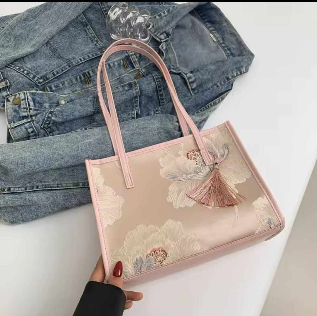 Korean Style Canvas Handbag – Oil Painting Graffiti Tote with Silk Scarf