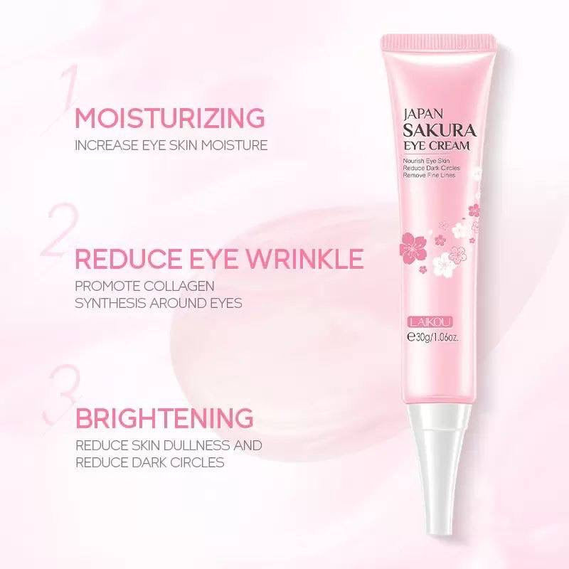 LAIKOU Janpan Sakura Anti-aging Eye Bag Removal Dark Circle Fine Lines Under Eye Dark Circle 30g Eye Cream

Key Features:
Sakura Extract: Contains cherry blossom extract to brighten and refresh the eye area.
Reduces Dark Circles and Puffiness