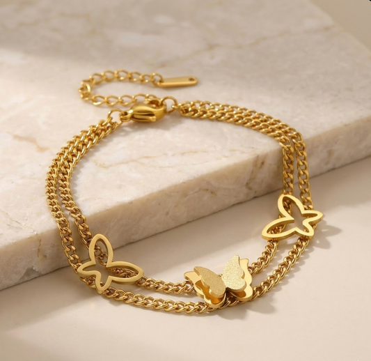 Premium Stainless Steel Frosted Butterfly Double Layer Bracelet - Gold Edition