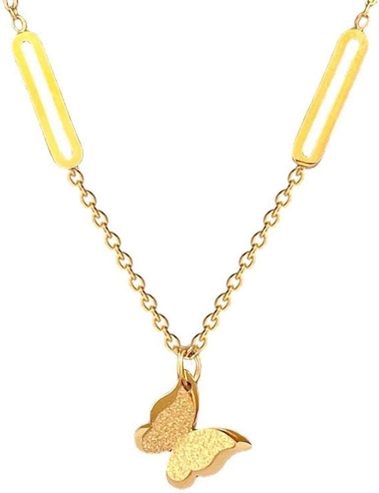 Premium Gold-Tone Frosted Butterfly Pendant Necklace