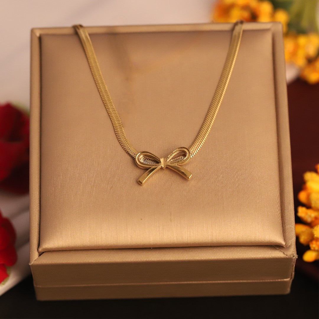 Premium 18K Gold Plated Bow Charm Snake Chain Necklace