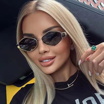 Trendy Hexagon Sunglasses for Women Men Vintage Gold Geometric Metal Frame Shades