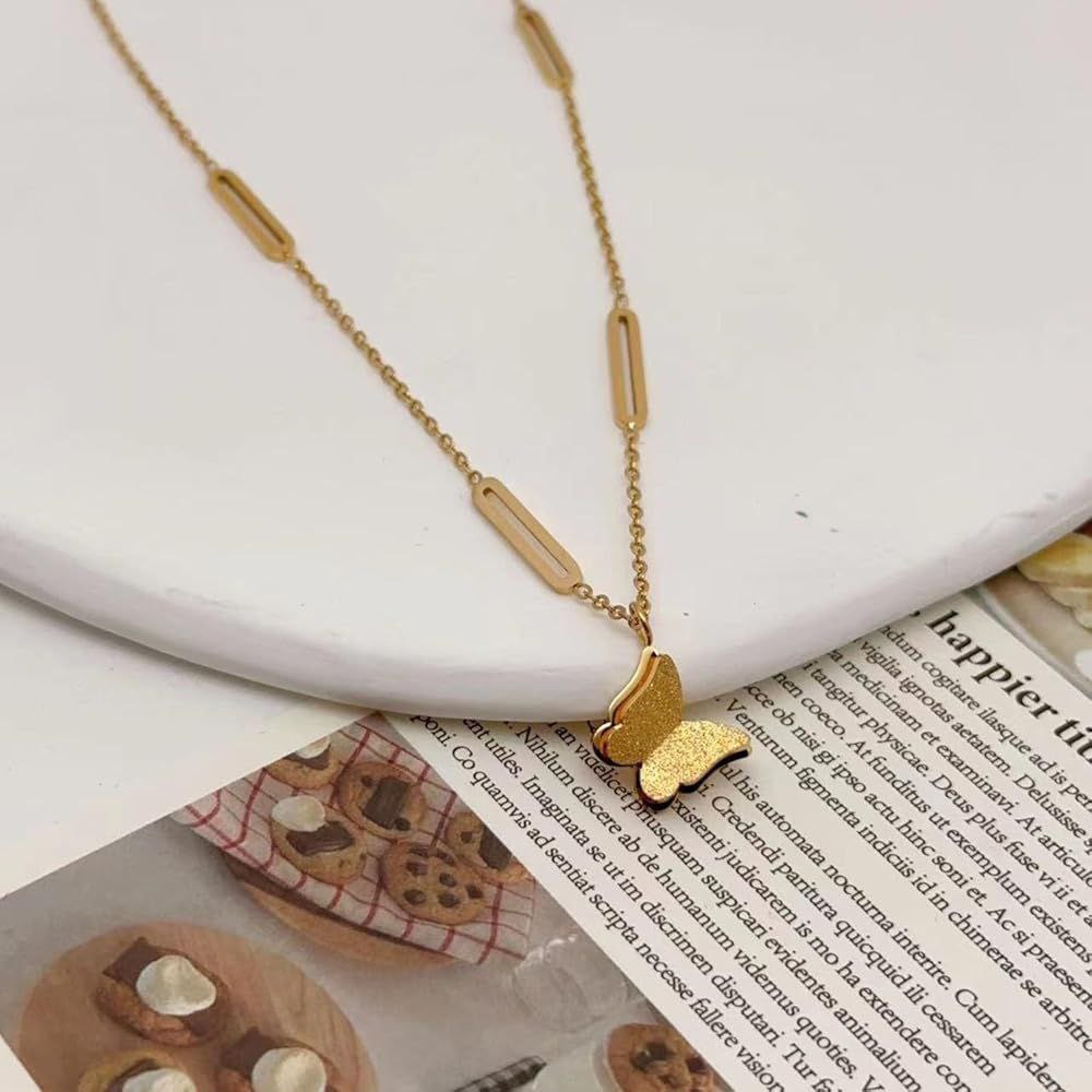 Premium Gold-Tone Frosted Butterfly Pendant Necklace