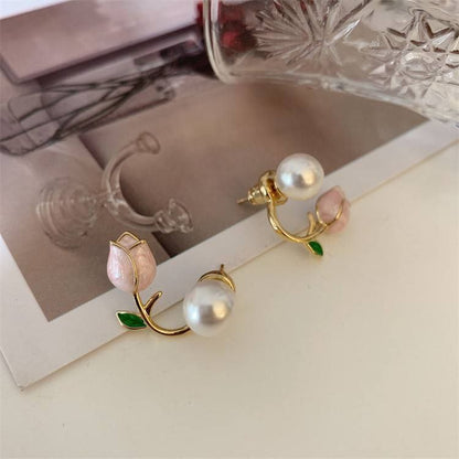 Elegant Korean Tulip & Pearl Asymmetric Stud Earrings