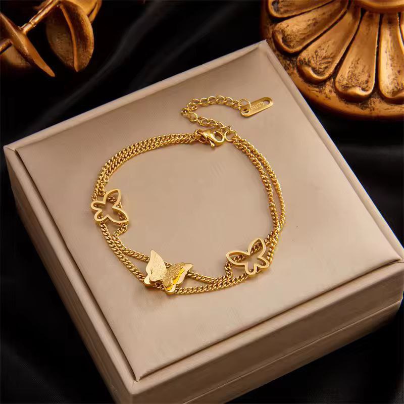 Premium Stainless Steel Frosted Butterfly Double Layer Bracelet - Gold Edition