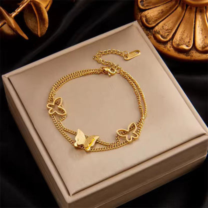 Premium Stainless Steel Frosted Butterfly Double Layer Bracelet - Gold Edition