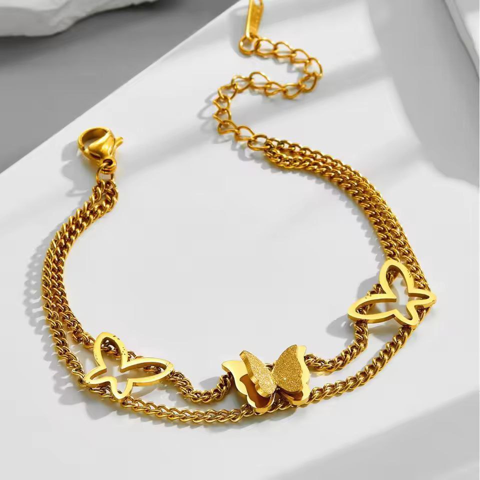 Premium Stainless Steel Frosted Butterfly Double Layer Bracelet - Gold Edition