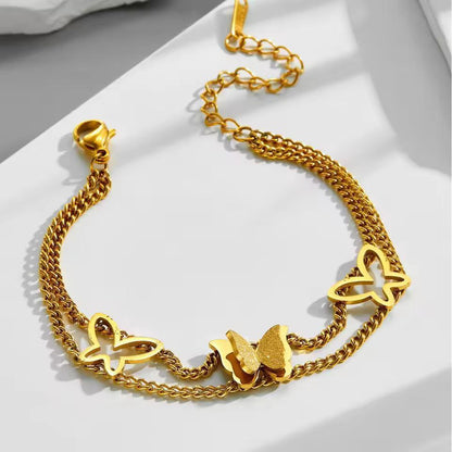 Premium Stainless Steel Frosted Butterfly Double Layer Bracelet - Gold Edition