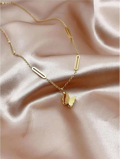 Premium Gold-Tone Frosted Butterfly Pendant Necklace