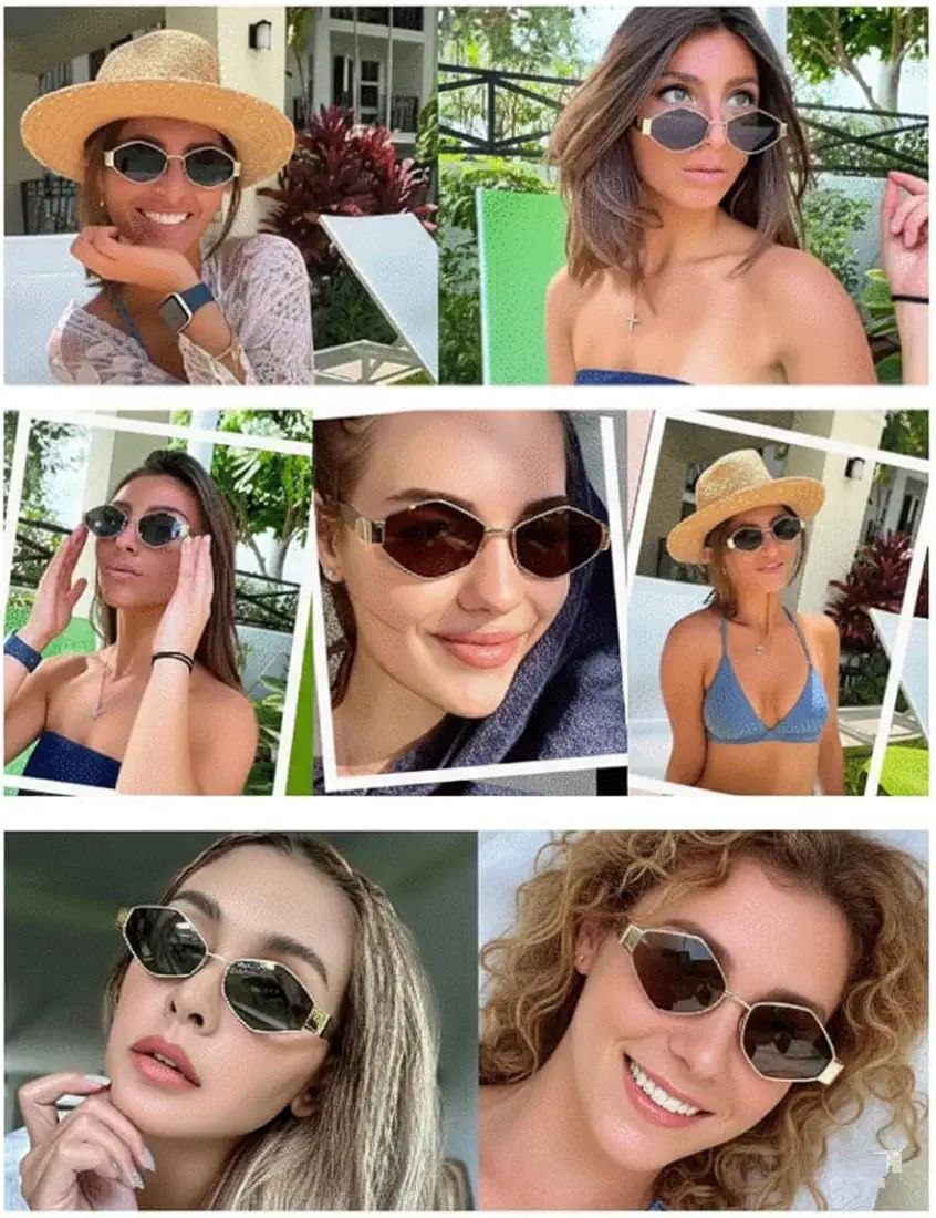 Trendy Hexagon Sunglasses for Women Men Vintage Gold Geometric Metal Frame Shades