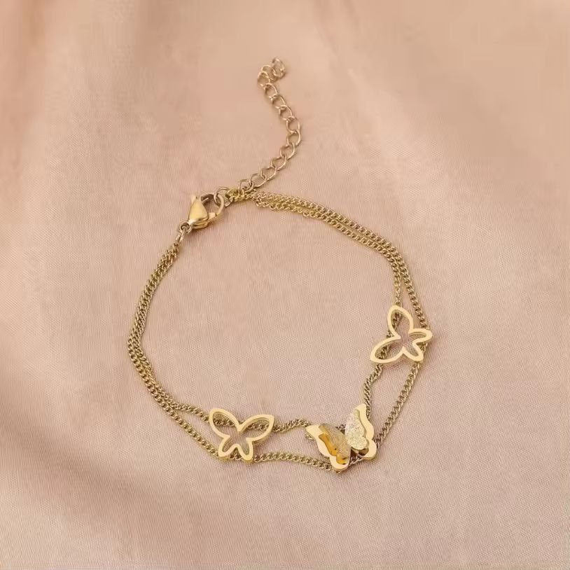 Premium Stainless Steel Frosted Butterfly Double Layer Bracelet - Gold Edition