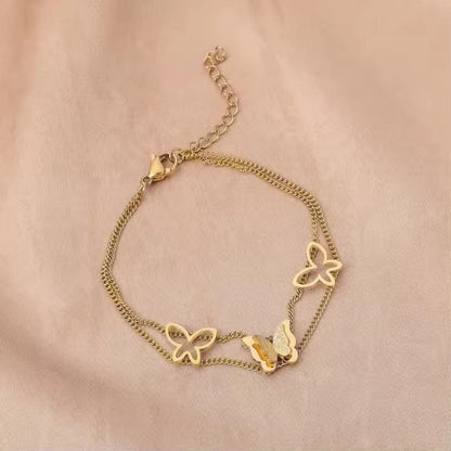 Premium Stainless Steel Frosted Butterfly Double Layer Bracelet - Gold Edition