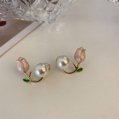 Elegant Korean Tulip & Pearl Asymmetric Stud Earrings