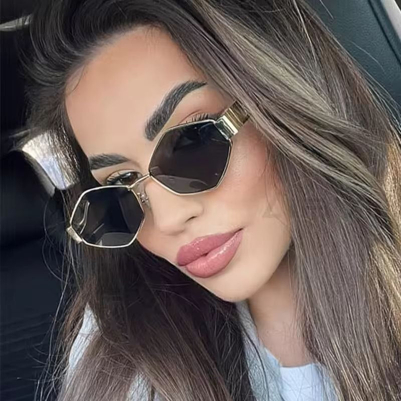 Trendy Hexagon Sunglasses for Women Men Vintage Gold Geometric Metal Frame Shades