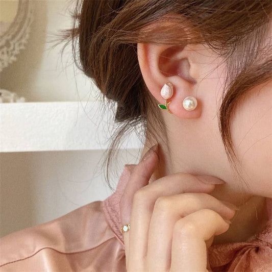 Elegant Korean Tulip & Pearl Asymmetric Stud Earrings