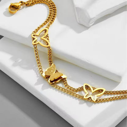 Premium Stainless Steel Frosted Butterfly Double Layer Bracelet - Gold Edition