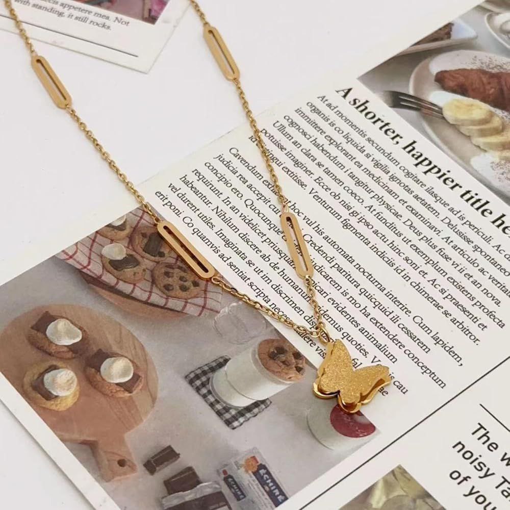 Premium Gold-Tone Frosted Butterfly Pendant Necklace
