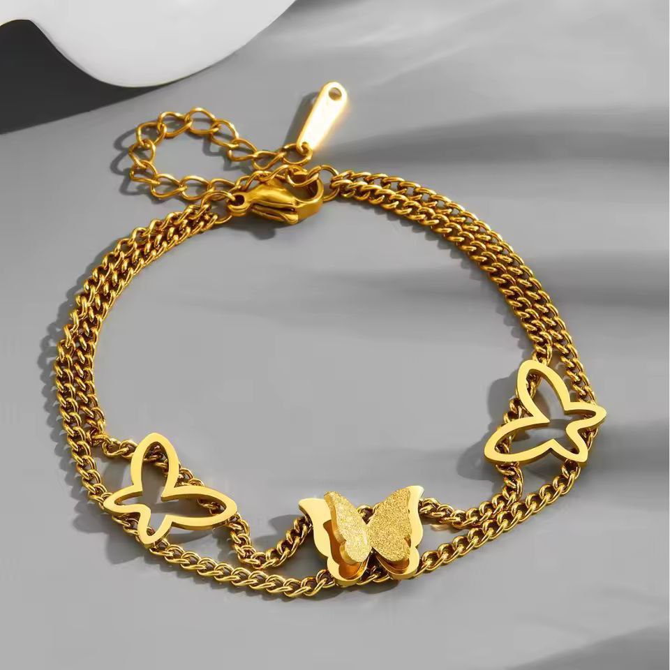 Premium Stainless Steel Frosted Butterfly Double Layer Bracelet - Gold Edition