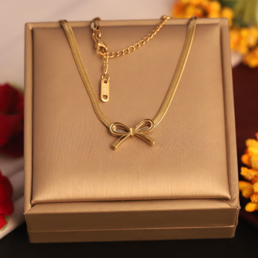 Premium 18K Gold Plated Bow Charm Snake Chain Necklace
