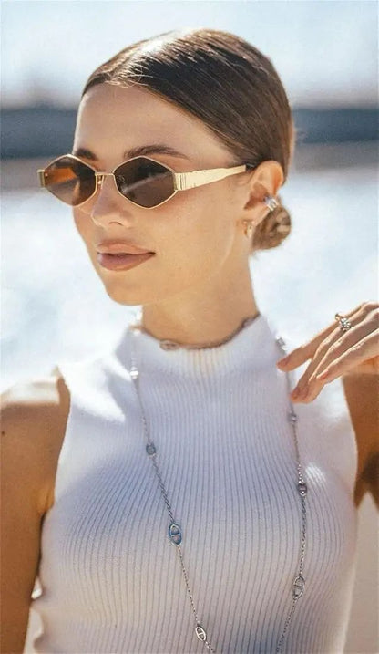 Trendy Hexagon Sunglasses for Women Men Vintage Gold Geometric Metal Frame Shades
