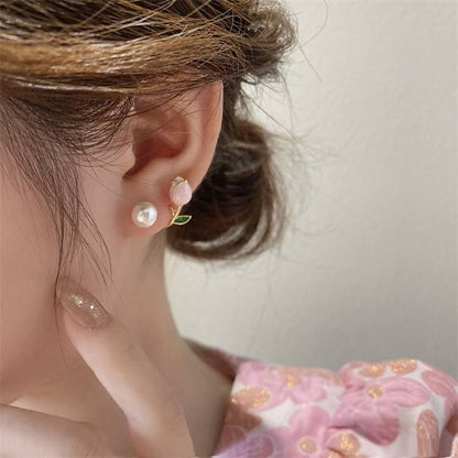 Elegant Korean Tulip & Pearl Asymmetric Stud Earrings